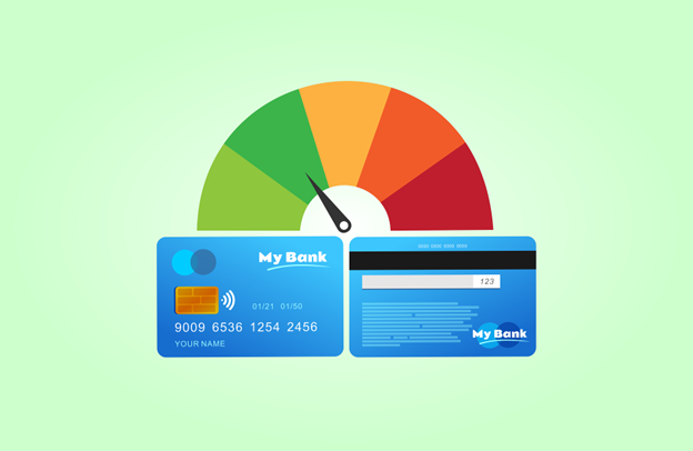 Graphic of front and back of a credit card with half circle above with 5 sections green to yellow to red.