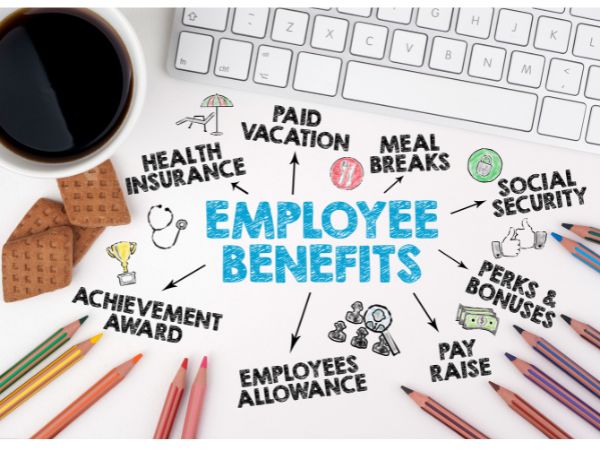 Employee Benefits written on a desktop with vacation, health insurance, pay raise, written around it.