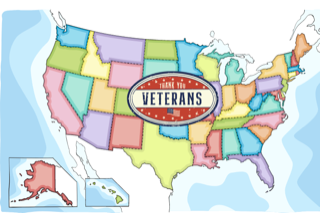 Map of the United States with a Circle in the Middle That Says State-Level Veterans Benefits